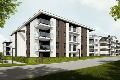 Nowoczesne apartamentowce z balkonami, otoczone zielenią. Wyobraź sobie, że mieszkasz w tej spokojnej, koncertowej dolinie.