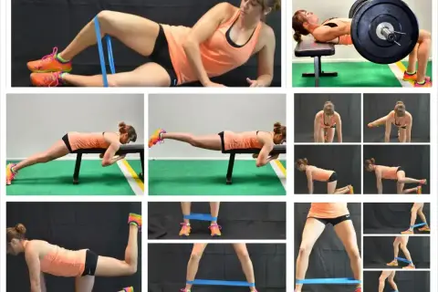 Kobieta wykonuje ćwiczenia na pośladki i nogi, w tym hip thrust ze sztangą, ćwiczenia z gumą oporową i na ławce.