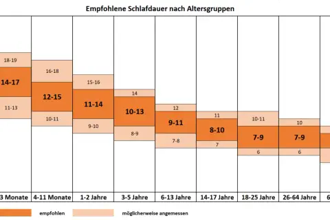Empfohlene Schlafdauer nach Altersgruppen. Jüngere Kinder brauchen mehr Schlaf, während man im Alter weniger Schlaf benötigt. Die Grafik zeigt die Stunden.