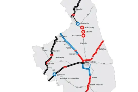 Mapa dróg S61 i S8, łączących Grajewo z Augustowem i Białymstokiem, z zaznaczonymi innymi miastami i drogami.