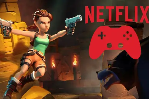 Lara Croft w akcji, gotowa na nowe przygody w grach na Netflix. Czerwony kontroler i logo Netflix zapowiadają emocje.