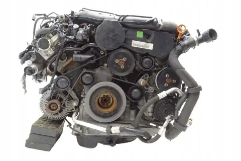 Silnik audi 3.0 tdi z widocznymi paskami, kołami pasowymi i przewodami.