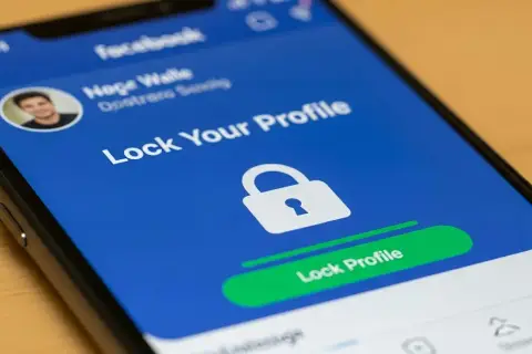 Ekran telefonu z Facebookiem, pokazujący opcję "Zablokuj swój profil". Dowiedz się, jak wyłączyć aktywność na FB i zabezpieczyć swoje konto.