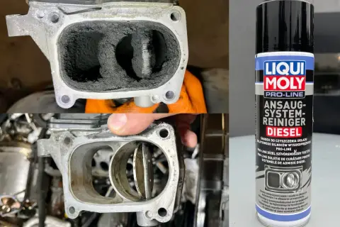 Przed i po czyszczeniu kolektora dolotowego silnika diesla. Puszka Liqui Moly płukanka do silnika diesel.