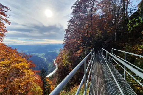 Metalowy taras widokowy na Trzy Korony w jesiennej odsłonie. Widok na dolinę Dunajca i Pieniny.