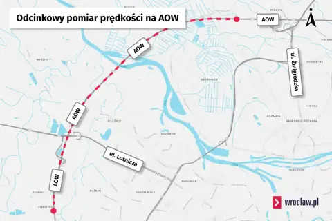 Mapa pokazuje odcinek AOW z zaznaczonym odcinkowym pomiarem prędkości. Czerwona linia z kropkami oznacza trasę pomiaru.