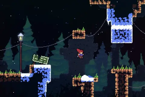 Dziewczynka z rudymi włosami skacze między platformami w lesie nocą. To scena z gry indie, gdzie każdy skok jest wyzwaniem.