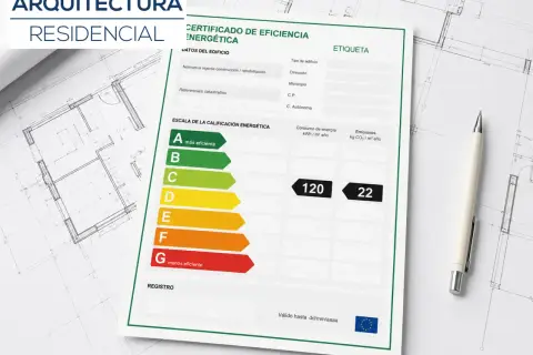 Certificado de Eficiencia Energética para arquitectura residencial, mostrando la escala de calificación y datos del edificio. Este documento es esencial para la **cédula de habitabilidad**.