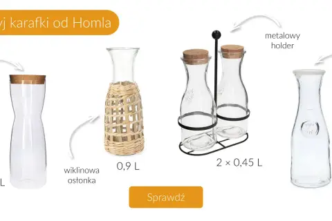 Karafki Homla: 1,1L z korkiem, 0,9L w wiklinowej osłonce, zestaw 2x0,45L w metalowym holderze, 1L z silikonowym wieczkiem.