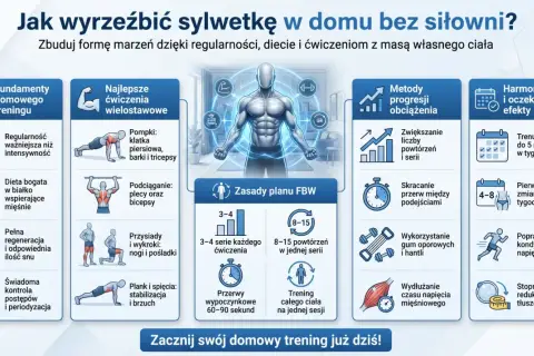 Ilustracja pokazuje zasady ćwiczeń ogólnorozwojowych w domu: fundamenty treningu, ćwiczenia wielostawowe, zasady FBW, metody progresji i harmonogram.