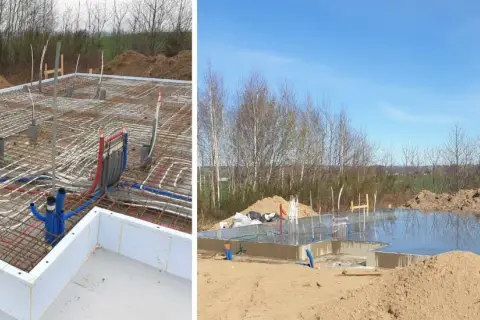 Budowa domu w toku: zbrojenie i instalacje pod betonem, gotowe ławy fundamentowe zalane betonem.