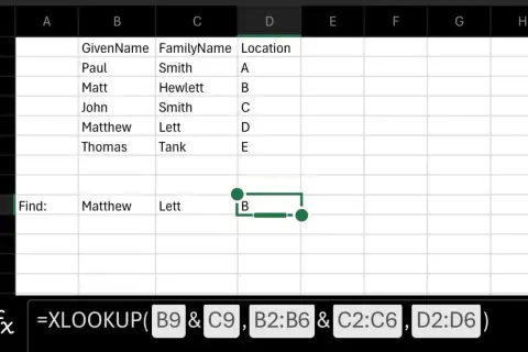 Arkusz kalkulacyjny Excel z danymi i formułą =XLOOKUP. Pokazuje, jak rozdzielić tekst w Excelu, łącząc dane z kolumn B i C.