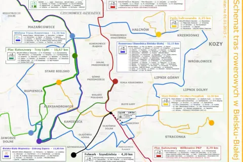 Mapa tras rowerowych w Bielsku-Białej. Zaznaczone szlaki o różnej długości i kolorach, prowadzące przez dzielnice takie jak Stare Bielsko, Wapienica, Komorowice.
