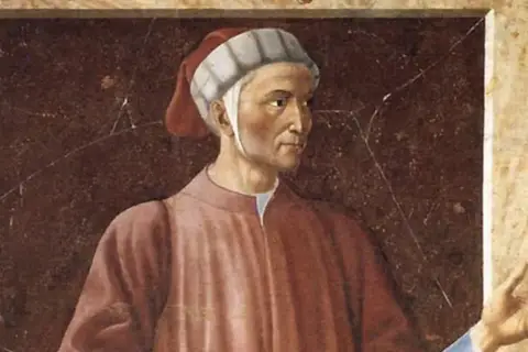 Portret Dantego, poety w czerwonej szacie i czepku, z gestem dłoni.