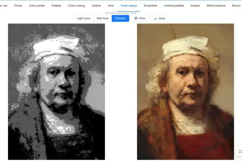 Portret mężczyzny w białym nakryciu głowy, po lewej w wersji monochromatycznej, po prawej w pełnym kolorze, ukazujący klasyczne malarstwo akademickie.