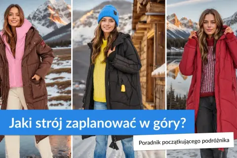 Trzy kobiety prezentują zimowe stroje w góry. Brązowa, czarna i czerwona kurtka, idealne na górskie wędrówki.