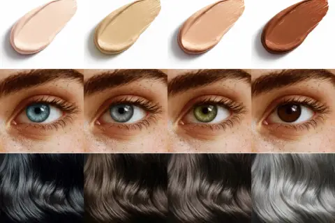 Muestras de bases de maquillaje, ojos de distintos colores y cabellos en diferentes tonos, para la **colorimetría invierno**.