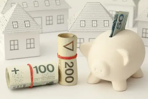 Zabezpieczenie domu: czy zadatek jest zwrotny? Zwinięte banknoty 100 i 200 zł, świnka-skarbonka z banknotem 50 zł i białe modele domów.