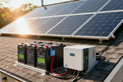 Panele słoneczne, akumulatory i falownik na dachu tworzą niezależną instalację off grid, zapewniając energię.