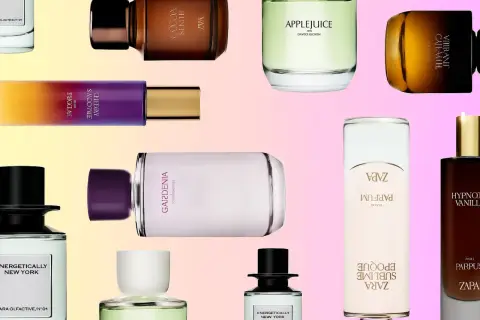 Variedad de perfumes Zara, incluyendo equivalencias y fragancias populares como Gardenia y Applejuice, en un collage vibrante.