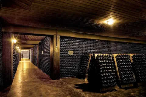 Corridoio di una cantina italiana, con scaffali pieni di bottiglie di vino che si estendono a perdita d'occhio.