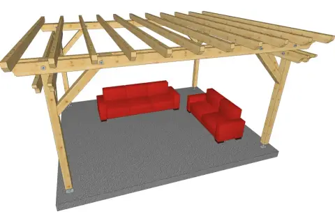 Darmowe projekty konstrukcji drewnianych: nowoczesna wiata z dwoma czerwonymi sofami.