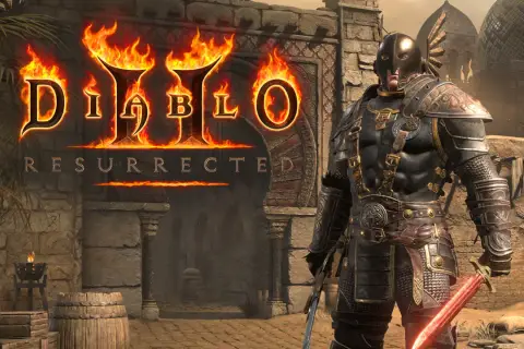 Rycerz w zbroi z mieczem w ręku, na tle płonącego logo Diablo II Resurrected i pustynnego miasta.