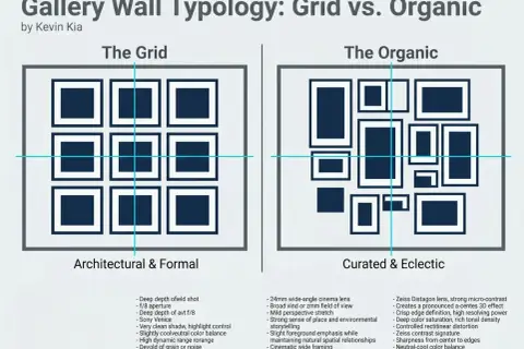 A graphic comparing "The Grid" gallery wall with uniformly spaced frames to "The Organic" gallery wall with varied frame sizes and placements.