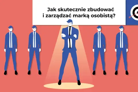Ilustracja pokazuje, dlaczego wydawnictwa wymagają od autorów budowania marki osobistej w sieci. Pięciu mężczyzn w garniturach, jeden wyróżniony.