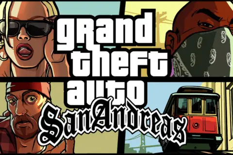 Okładka GTA San Andreas: kobieta w okularach, mężczyzna w bandanie, mężczyzna z brodą i tramwaj. Rozpocznij swoją gta sa journey!
