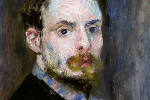 Portret mężczyzny z brodą, namalowany w charakterystycznym stylu Auguste'a Renoira. Dzieła tego artysty zachwycają żywymi barwami.