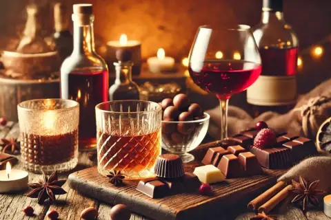Degustacja whisky z ciemną czekoladą i serami. Na stole świece, owoce i przyprawy.