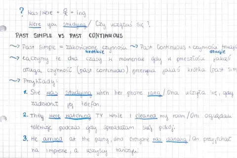 Porównanie past simple i past continuous: czynności zakończone vs. trwające, przerywane krótkimi. Przykład: "She was studying when her phone rang.