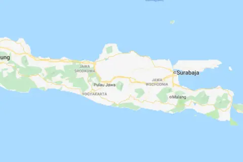 Mapa Indonezji z zaznaczoną Dżakartą, stolicą na wyspie Jawa. Widoczne inne miasta jak Bandung, Surabaya, Yogyakarta, Malang oraz wyspa Bali.