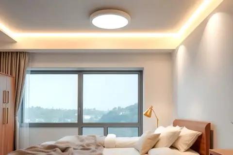 Una lámpara de techo lineal ilumina suavemente la habitación, creando un ambiente acogedor sobre la cama y el armario.