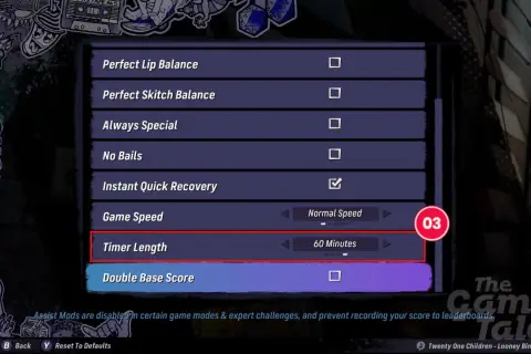 Ustawienia gry Tony Hawk's Pro Skater 1+2: czas gry 60 minut. Kody Heroes 3 mogą być dostępne w opcjach.