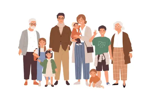Ilustracja przedstawia wielopokoleniową rodzinę: dziadków, rodziców, dzieci i niemowlę.