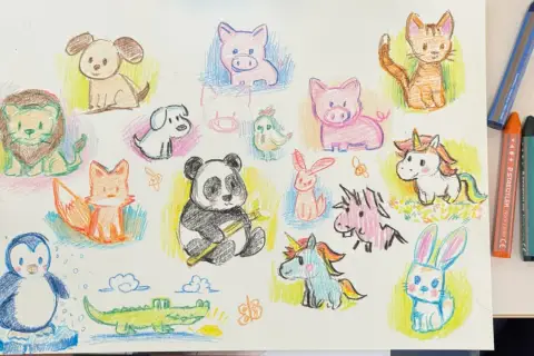 Buntstiftzeichnungen von niedlichen Tieren wie Panda, Fuchs, Einhorn, Hund, Katze, Schwein, Pinguin, Löwe, Hase, Krokodil und Vogel.