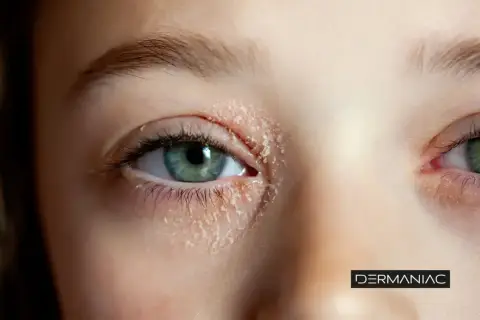 Ojo con eczema cara, piel seca y escamosa alrededor del párpado.