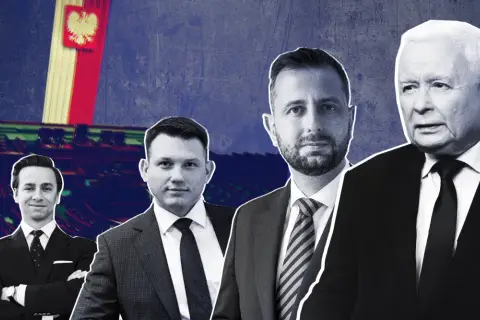 Czy Konfederacja faktycznie zamierza stworzyć koalicję z PiS po wyborach? Politycy na tle Sejmu i flagi Polski.