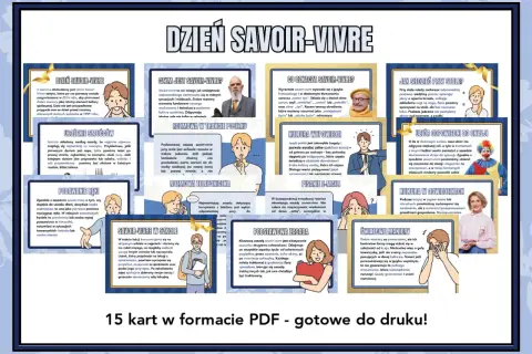 Zasady savoir vivre jak czytać. Grafika przedstawia 15 kart z poradami dotyczącymi dobrych manier, od zachowania przy stole po pisanie e-maili.
