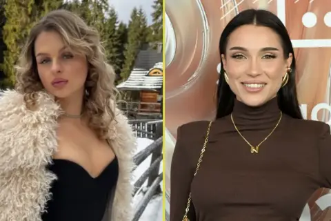 Dwie kobiety, jedna w zimowej scenerii w futrzanym płaszczu, druga w brązowym golfie z naszyjnikiem z literą N. Czy to Natsu?