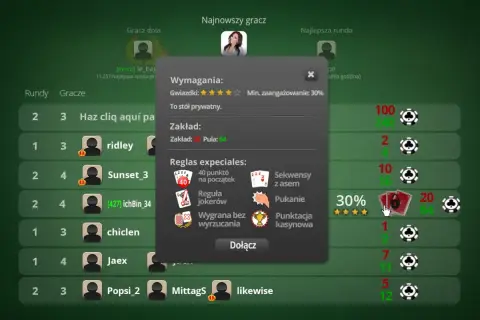Gra w pokera online. Na ekranie widać okno z zasadami gry, w tym figury w kartach, takie jak sekwensy czy jokery.
