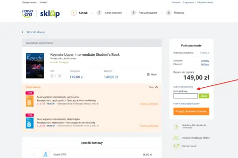 Nowa era kody rabatowe: pole do wpisania kodu zniżkowego na stronie podsumowania zamówienia.