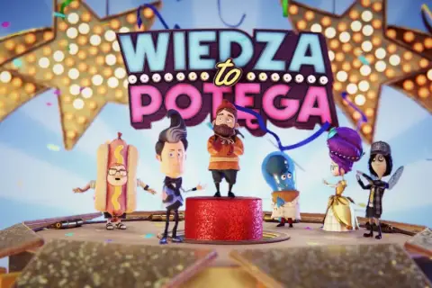 Postacie z animacji świętują na scenie pod neonem "Wiedza to potęga". Na PC gra ta jest świetną zabawą.