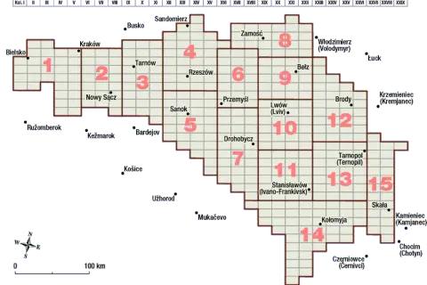 Mapa historyczna Galicji z zaznaczonymi regionami i miastami, m.in. Lwów, Tarnopol, Stanisławów.