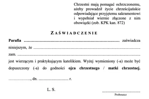 Zaświadczenie o byciu wierzącym katolikiem, potrzebne do godności ojca chrzestnego. Czy za zaświadczenie do chrztu się płaci? Dokument nie zawiera informacji o opłatach.