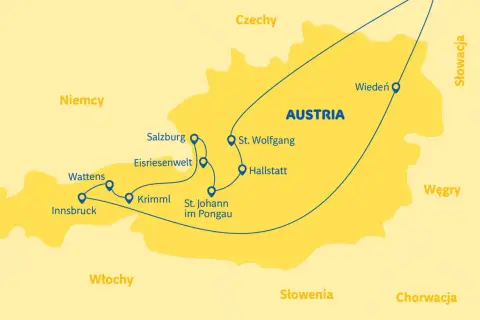 Mapa Austrii z zaznaczonymi miastami: Innsbruck, Wattens, Eisriesenwelt, Salzburg, Krimml, St. Johann im Pongau, St. Wolfgang, Hallstatt, Wiedeń. Trasa 43 kierunkowy jaki kraj.