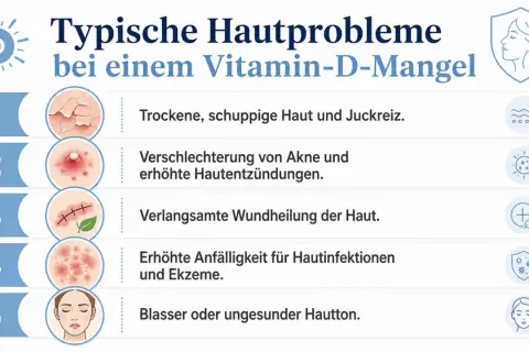 Les symptômes d'une carence en vitamine D incluent peau sèche, acné, cicatrisation lente, infections cutanées et teint pâle.