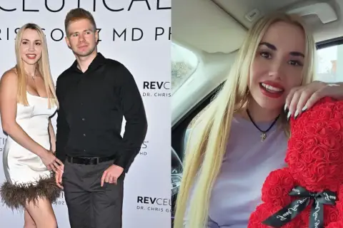 Marianna Schreiber z mężem na evencie. Po prawej Marianna z misiem z róż.